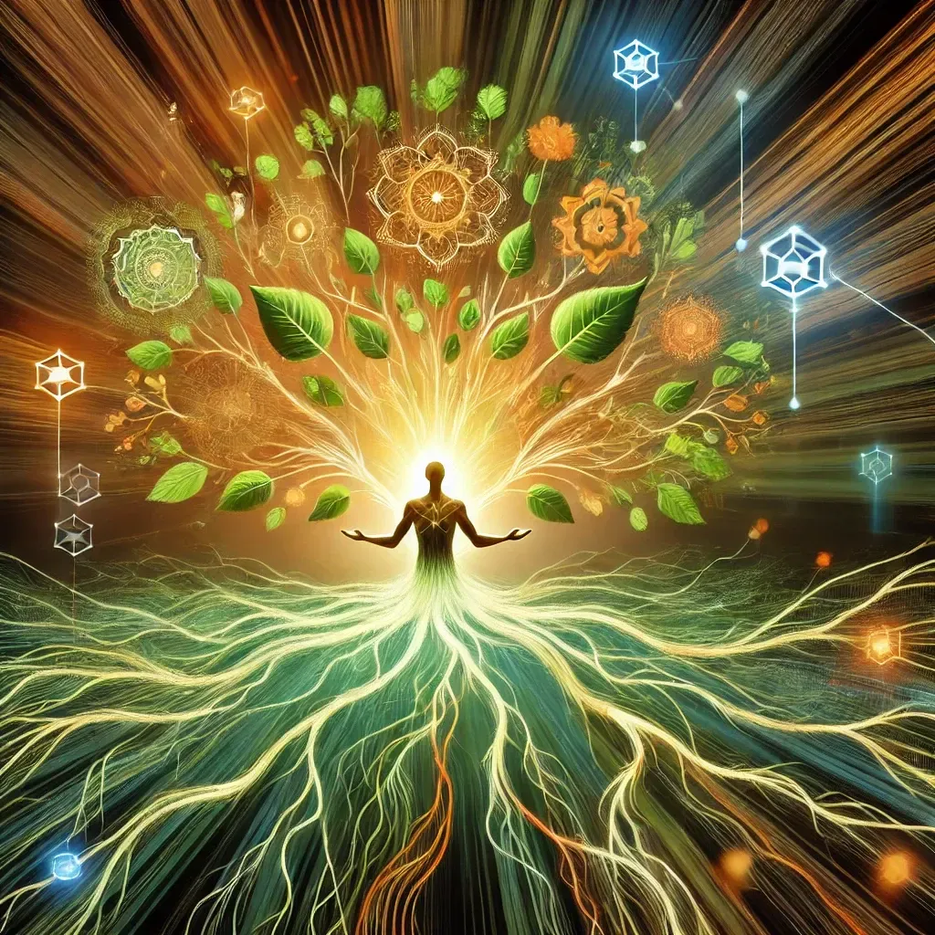 A central figure with branches and roots extending out, filled with digital nodes, symbolizing empowerment and community growth through AI.