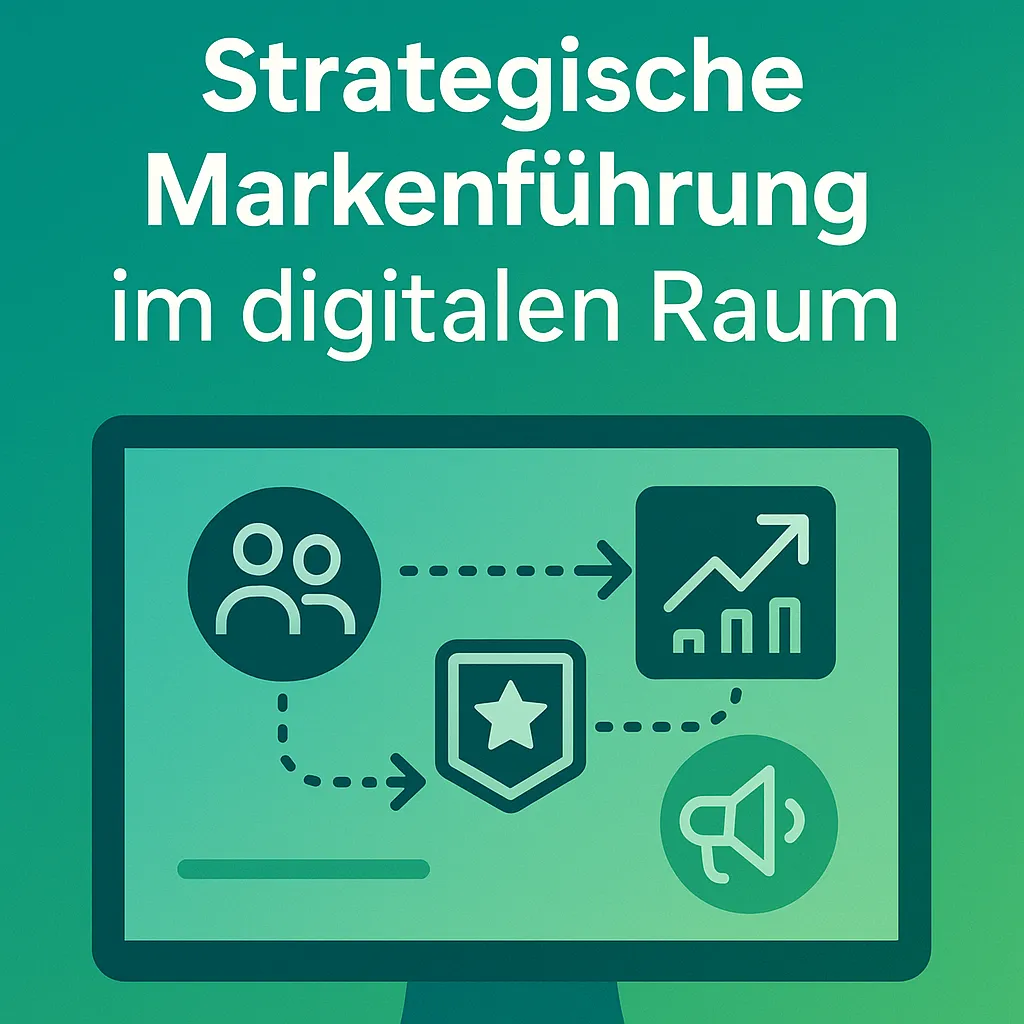 Digitale Markenstrategie mit Farbverlauf und Symbolen für Werte, Zielgruppe und Positionierung im Schweizer Kontext.