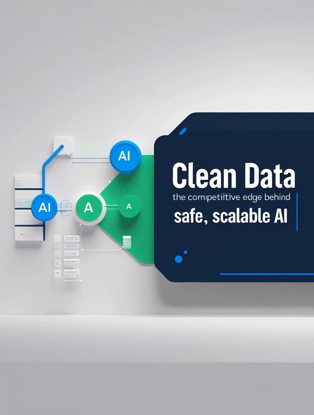 Illustration of a data pipeline cleaned by governance flowing into an AI engine producing accurate insights