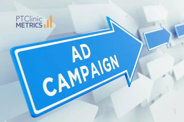 physical therapy marketing blue arrow with ad campaign written on it
