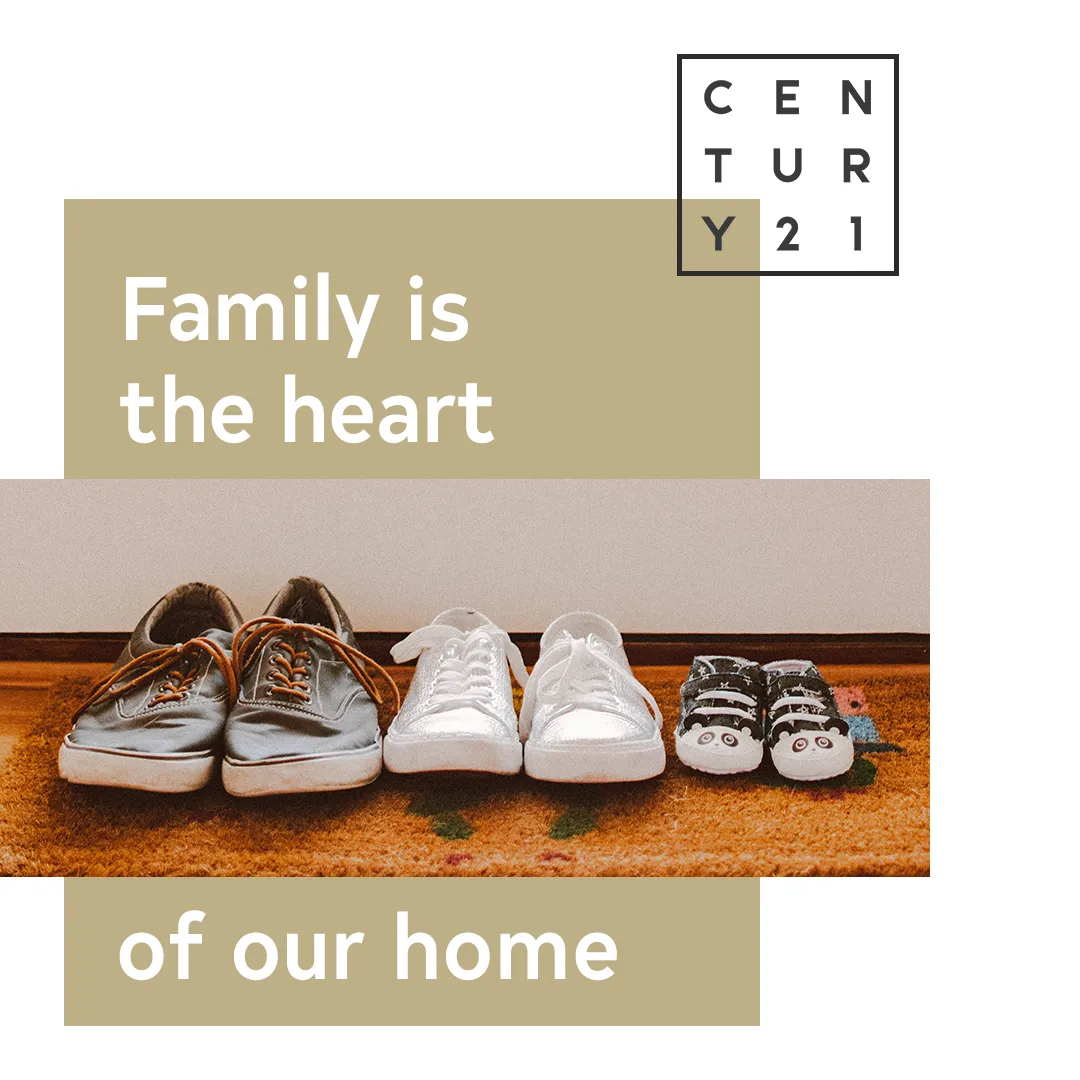 Family is the heart of our home slogan above three sets of different sized shoes