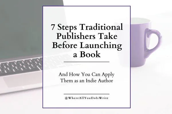 Background is open laptop and a purple coffee mug. Text overlay is 7 Steps Traditional Publishers Take Before Launching a Book