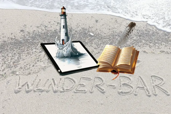Wunder-B.A.R. Logo mit Leuchtturm, Buch und Feder am Strand – Symbol für KreativCoach, kreative Auszeiten, Journaling und Selbstreflexion.