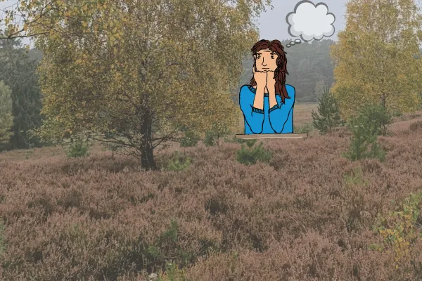 Achtsame Illustration in der Heide – nachdenkliche Frau mit Gedankenblase als Symbol für Selbstreflexion, Achtsamkeit und Coaching.