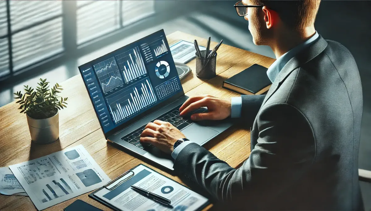 A business owner reviewing financial data on a laptop, making adjustments to stay aligned with business goals.