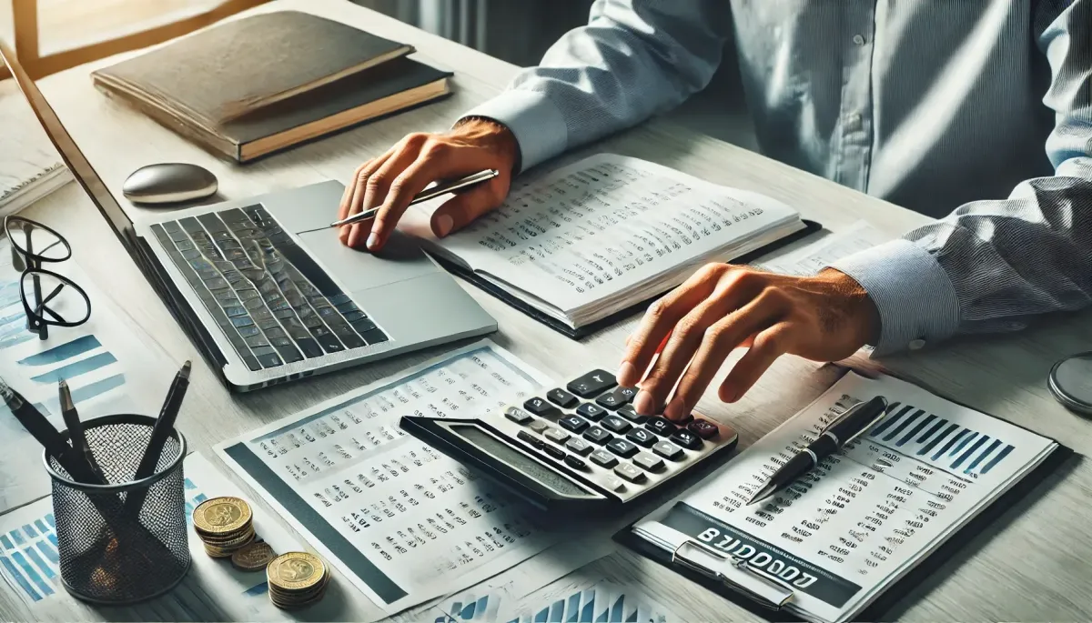 Person creating a budget with financial documents and a calculator on a desk.