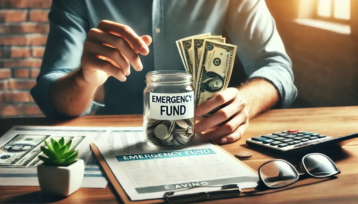 Person adding money to an emergency fund jar with financial documents on a desk.