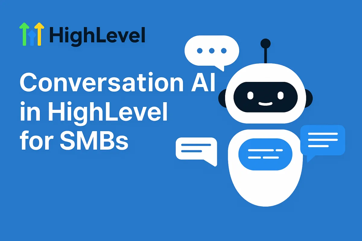 Illustration of a business owner chatting with a friendly AI bot representing Conversation AI in HighLevel.