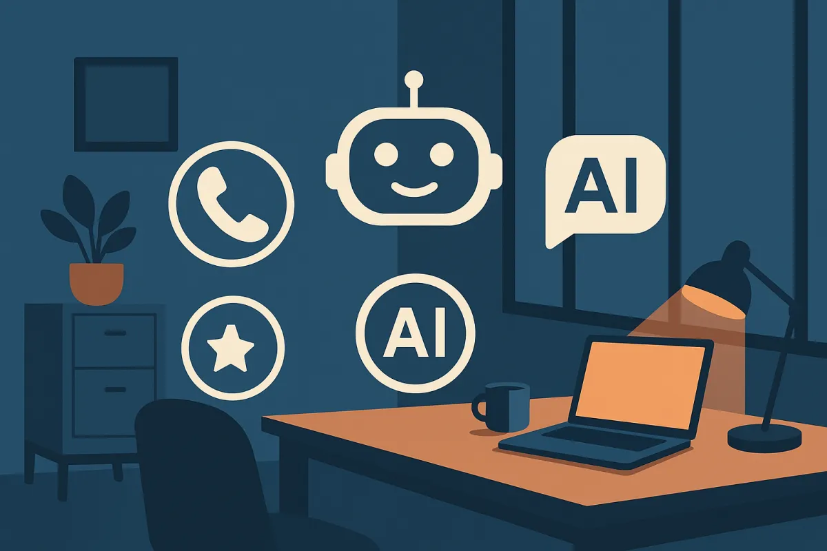 AI Employee icons for chat, calls, reviews, and automation floating above a laptop on a small business desk at night.