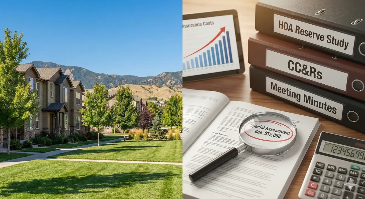A split-screen image with a left side showing a sunny exterior view of a modern townhouse complex with manicured lawns, trees, and a mountain range under a blue sky. The right side depicts a close-up of a desk with financial documents and tools, including binders labeled "HOA Reserve Study," "CC&Rs," and "Meeting Minutes," an open book with a magnifying glass highlighting "Special Assessment due: $12,000," a calculator, and a tablet displaying an upward-trending graph for "Insurance Costs."