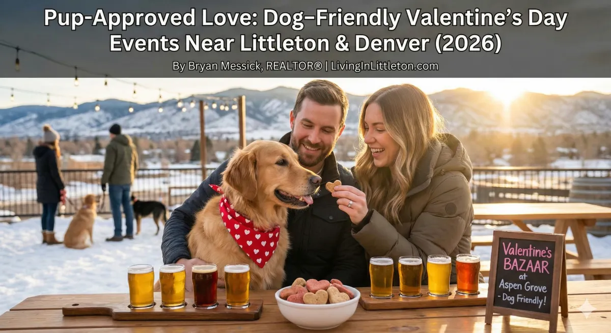 A happy couple on a snowy brewery patio in Littleton, Colorado, celebrating Valentine's Day with their golden retriever. The dog wears a red heart bandana and is being fed a heart-shaped treat. On the wooden table are flights of beer, a bowl of dog biscuits, and a chalkboard sign that reads "Valentine's BAZAAR at Aspen Grove - Dog Friendly!". In the background are snow-covered mountains and other people with their dogs. The image has a text overlay with the blog post title: "Pup-Approved Love: Dog-Friendly Valentine's Day Events Near Littleton & Denver (2026) By Bryan Messick, REALTOR® | LivingInLittleton.com".