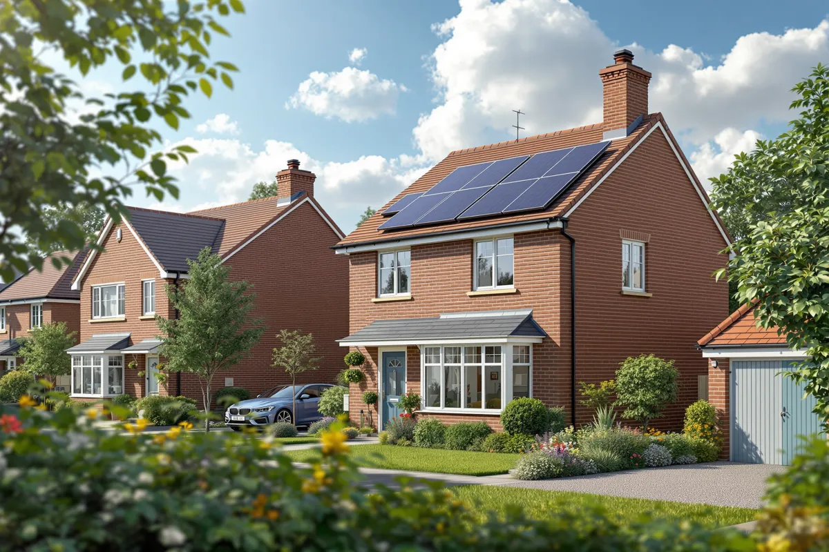 The ECO4 home improvement grant concept is being actively illustrated in a UK residential neighborhood setting with detailed elements of British architecture and environmentally friendly home features such as solar panels and insulation upgrades captured in vivid cinematic photo realistic style in 2024 8k iPhone photography professional lighting high quality detailed ultra realistic.
