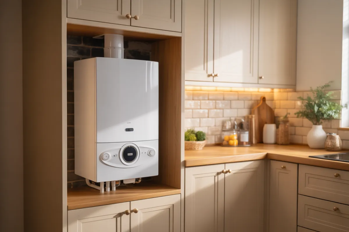 A high-efficiency combi boiler sits neatly installed inside a tidy, modern British kitchen cupboard, bathed in soft professional lighting that enhances the warm, inviting tones of the room, with fine details captured in a vivid cinematic photo realistic style in 2024 8k iPhone photography, showcasing the latest in UK home energy efficiency with ultra-realistic precision and clarity.