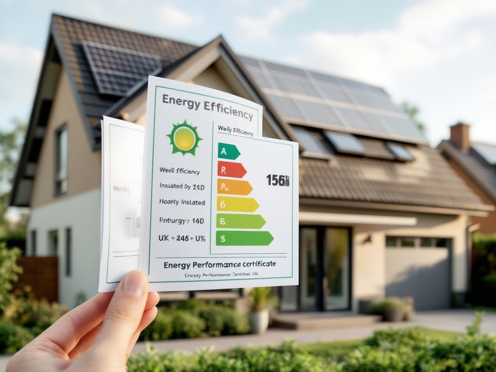 Modern home with an energy efficiency certificate displayed, featuring solar panels and a sustainable design, representing energy performance certificates in the UK.