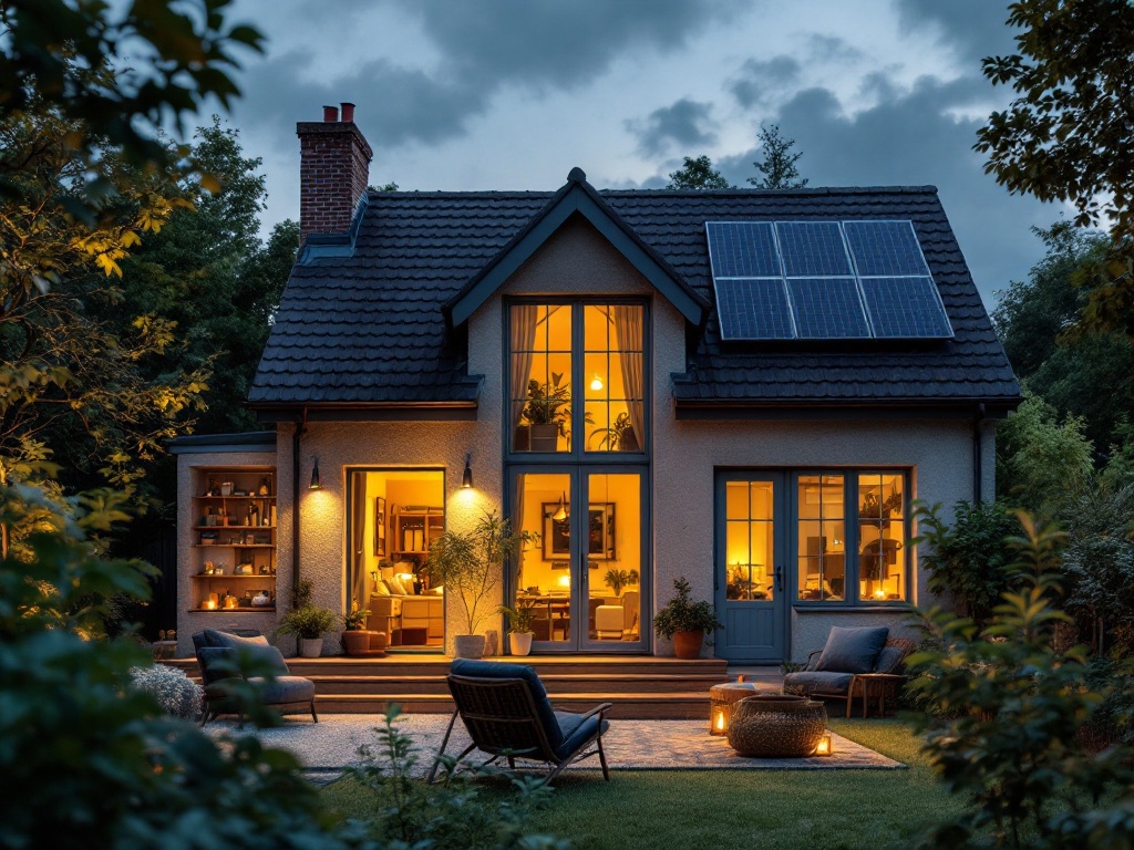 Cozy UK home with energy-efficient features including LED lighting, double-glazed windows, and solar panels, representing a sustainable and energy-efficient lifestyle.