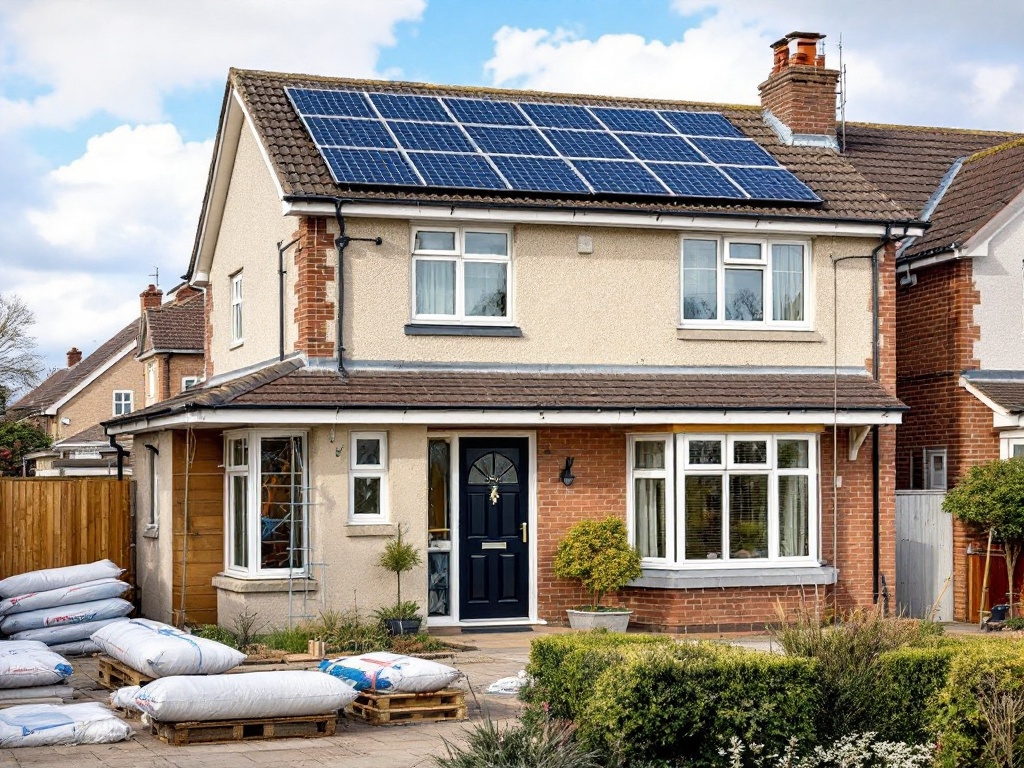 UK home undergoing energy efficiency upgrades under the ECO4 scheme, including insulation work and solar panel installation.