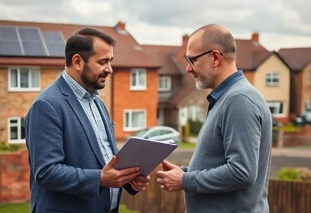 The ECO4 home improvement grant concept is being explained in a clear and informative manner at a local housing assessment in Oldbury, with the energy assessor providing guidance to a homeowner about potential heating upgrades amidst a backdrop of suburban homes with energy-efficient features, including solar panels and modern insulation; captured in vivid cinematic photo realistic style in 2024 8k iPhone photography professional lighting high quality detailed.