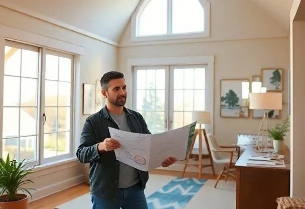 ECO4 home improvement grant expert explaining energy efficiency upgrades in a Newport home with detailed blueprints and smart technology installations around while natural light pours through large windows captured in vivid cinematic photo realistic style in 2024 8k iPhone photography professional lighting high quality detailed