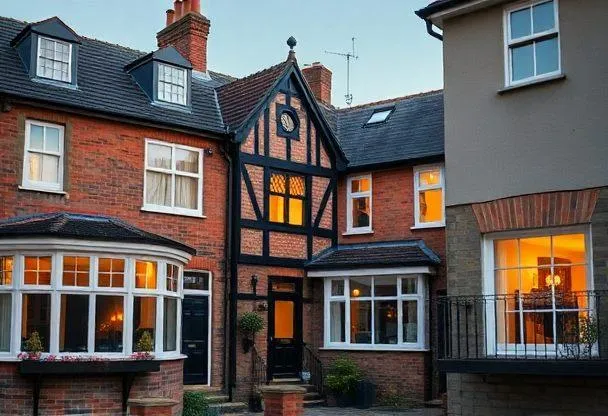 Homeowners and tenants are engaging in energy-efficient home improvements in the Royal Borough of Windsor and Maidenhead, with insulation, solar panels, and heat pumps being installed against a backdrop of charming, historic architecture in England; captured with wWarm, inviting lighting highlighting eco-friendly technology, clean lines, and a blend of traditional and modern elements in vivid cinematic photo realistic style in 2024 8k iPhone photography professional lighting high quality detailed