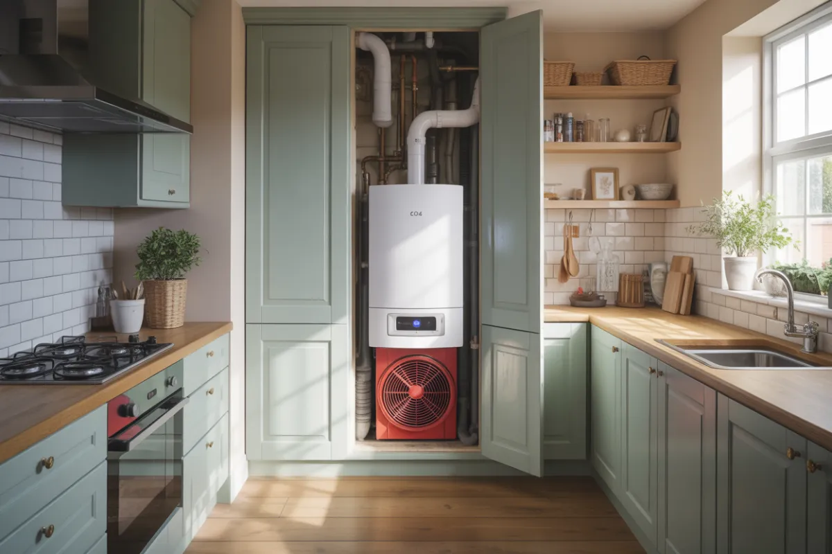 ECO4 window replacement scheme information displayed as a digital infographic in a modern UK home setting with a high-quality, ultra-realistic boiler neatly installed inside a British-style kitchen cupboard, captured in vivid cinematic photo realistic style in 2024 8k iPhone photography professional lighting high quality detailed ultra realistic.