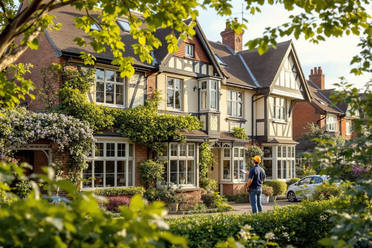 A TrustMark registered and PAS certified installer assessing a traditional British home for ECO4 energy efficiency upgrades in a Telford neighborhood with lush greenery and quintessential UK architecture with warm natural lighting and intricate details captured in vivid cinematic photo realistic style in 2024 8k iPhone photography professional lighting high quality detailed ultra realistic.