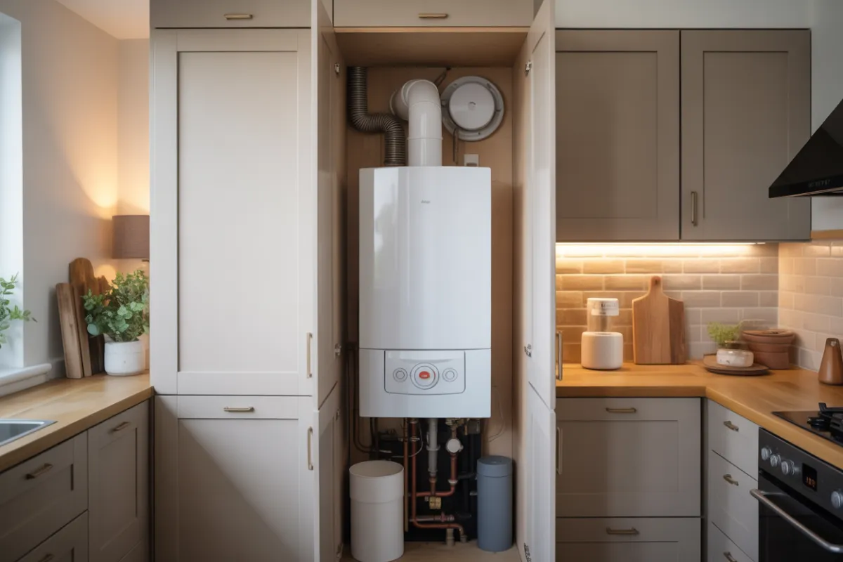 [Subject] A modern high-efficiency boiler [action] installed inside a British home’s kitchen cupboard [setting] with contemporary decor and efficient layout, [additional details] captured in vivid cinematic photo realistic style in 2024 8k iPhone photography professional lighting high quality detailed ultra realistic.