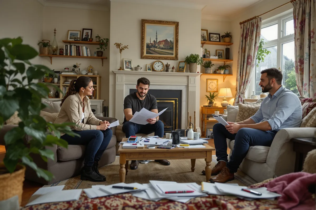 ECO4 home improvement grant representatives discuss energy efficiency upgrades in a cozy Netherton living room with traditional British architecture and energy assessment tools scattered around, captured in vivid cinematic photo realistic style in 2024 8k iPhone photography professional lighting high quality detailed ultra realistic.