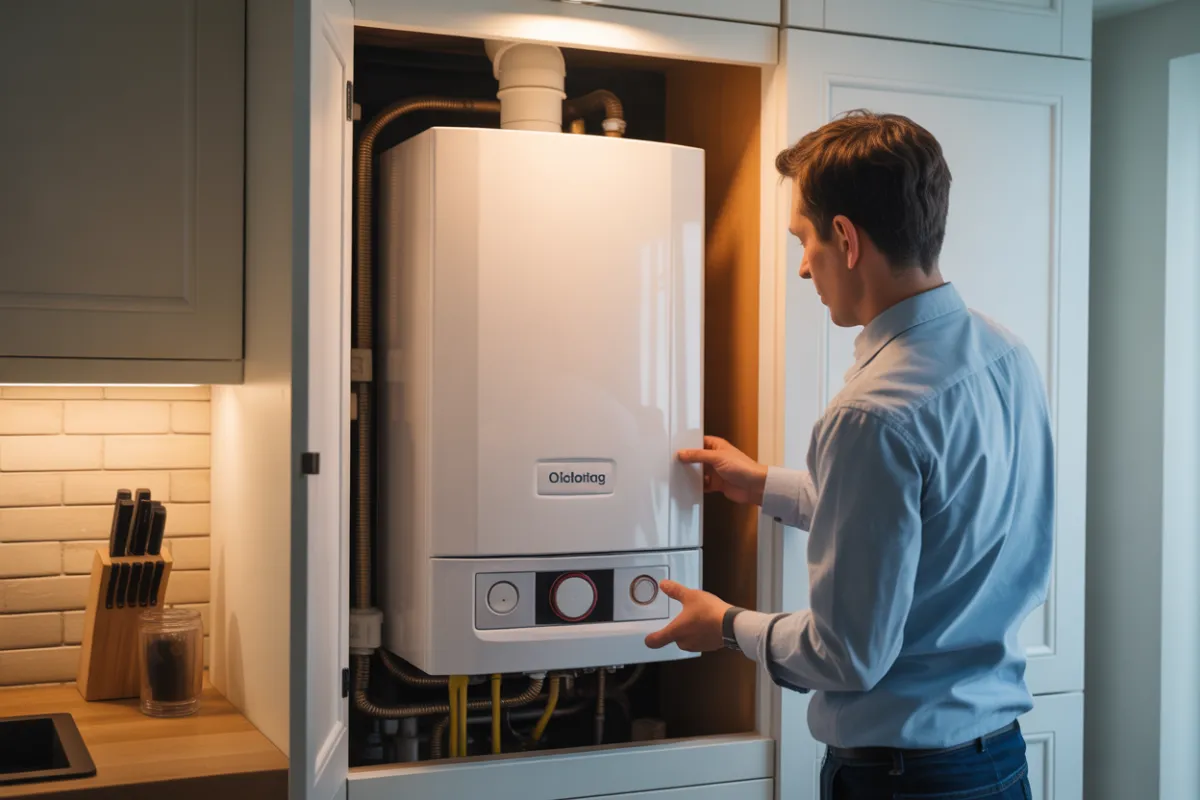 A high-efficiency condensing gas boiler being installed by an approved contractor in a British-style home kitchen cupboard with professional lighting highlighting the sleek, modern design, captured in vivid cinematic photo realistic style in 2024 8k iPhone photography professional lighting high quality detailed ultra realistic.
