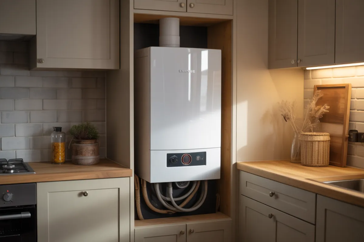 A high-efficiency A-rated condensing boiler is securely installed in a British-style kitchen cupboard, seamlessly blending with the surroundings, illuminated by professional lighting that enhances its sleek modern design, captured in vivid cinematic photo realistic style in 2024 8k iPhone photography with high quality detailed ultra-realistic clarity.