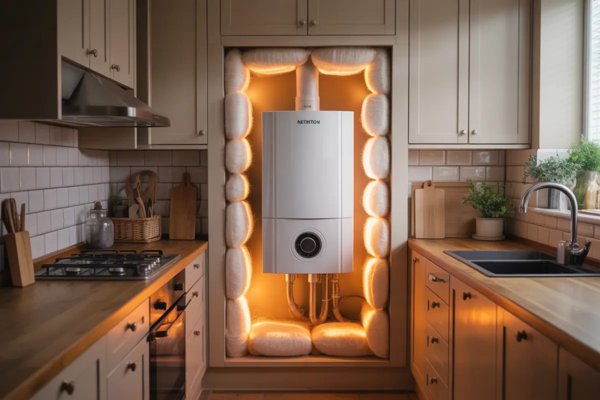 A high-efficiency condensing boiler installed in a cozy Netherton home interior, emitting a warm glow in a neatly organized kitchen cupboard with modern British decor, surrounded by insulating structures for optimal energy efficiency, captured in vivid cinematic photo realistic style in 2024 8k iPhone photography professional lighting high quality detailed ultra realistic.