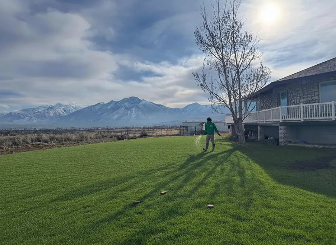 a man applying pest control and lawn care to a home in west valley