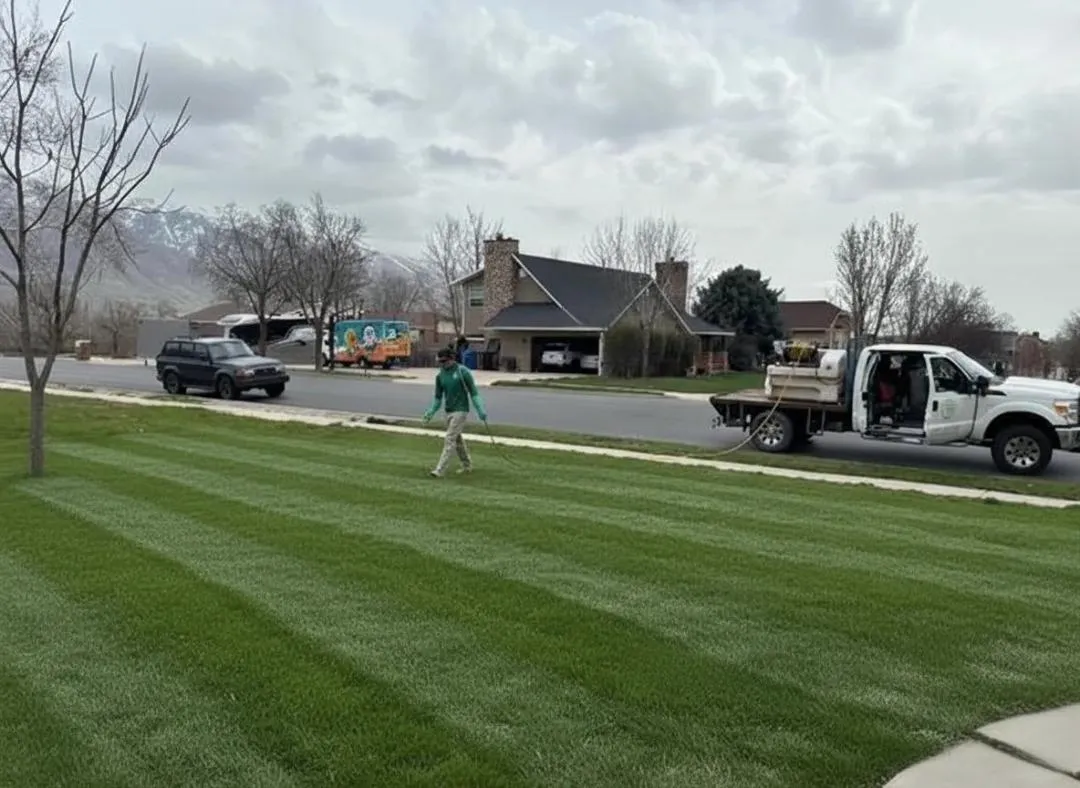 a man applying pest control to a neatly mowed lawn in sandy