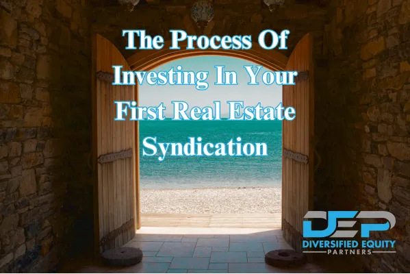 "Quote by Andrew Carnegie on investing in real estate." "Person reviewing a single-family home listing on a tablet." "Diagram showing steps to invest in a real estate syndication." "Notebook with written investing goals and strategies." "Infographic on different types of real estate syndications." "Person researching real estate market trends on a computer." "Calendar marked with 'Investment Opportunity' to reserve a spot." "Person signing a private placement memorandum (PPM)." "Close-up of a wire transfer form with a pen." "Person confidently reviewing a completed real estate syndication investment