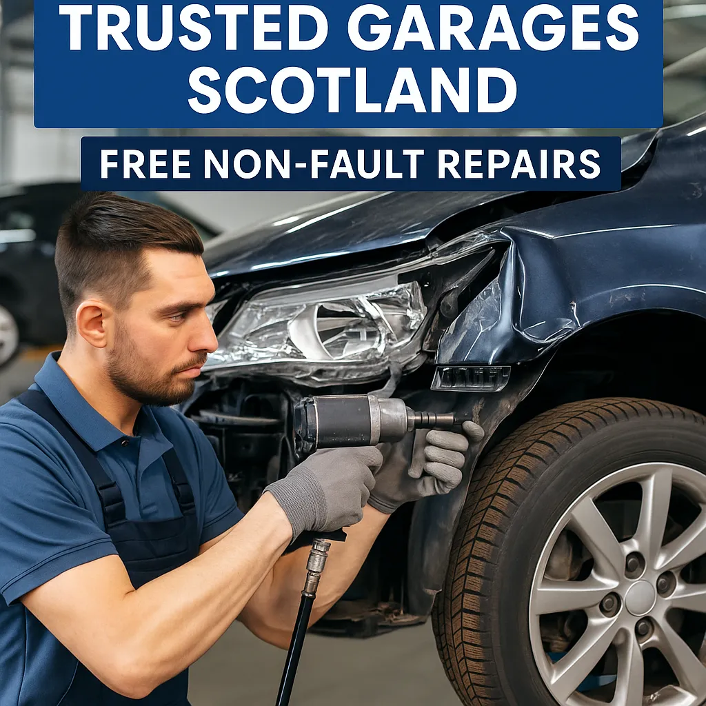 Mechanic at an approved accident repair garage in Scotland working on a damaged car.