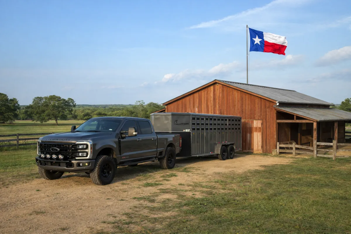 Gray heavy-duty pickup truck towing a livestock trailer parked in front of a rustic Texas barn with a Texas flag flying on a sunny ranch.