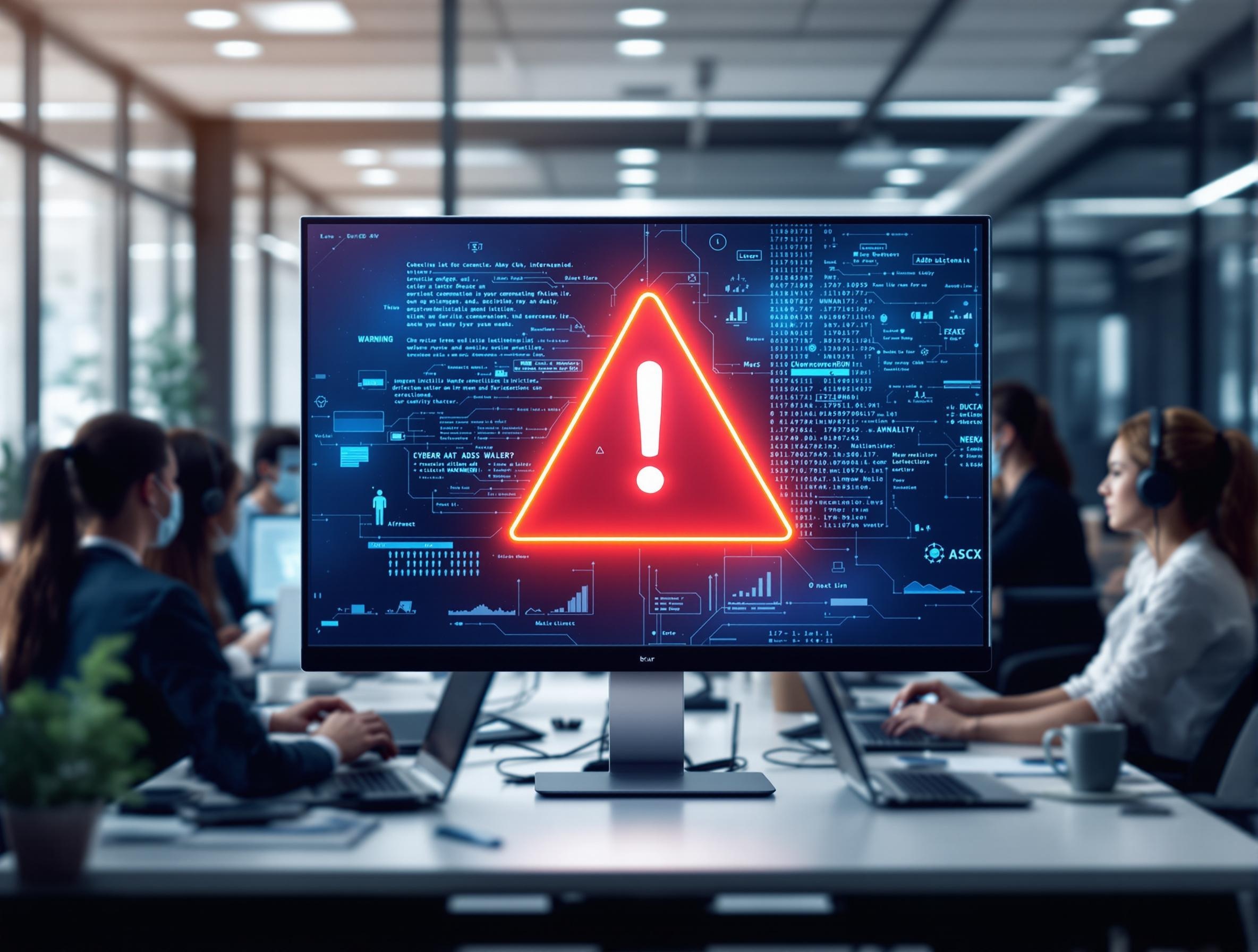 A modern business office with professionals working at computers. In the background, a digital screen displays a warning alert symbolizing a cyber threat from online advertisements. The environment is clean, professional, and business-agnostic, with no visible words.