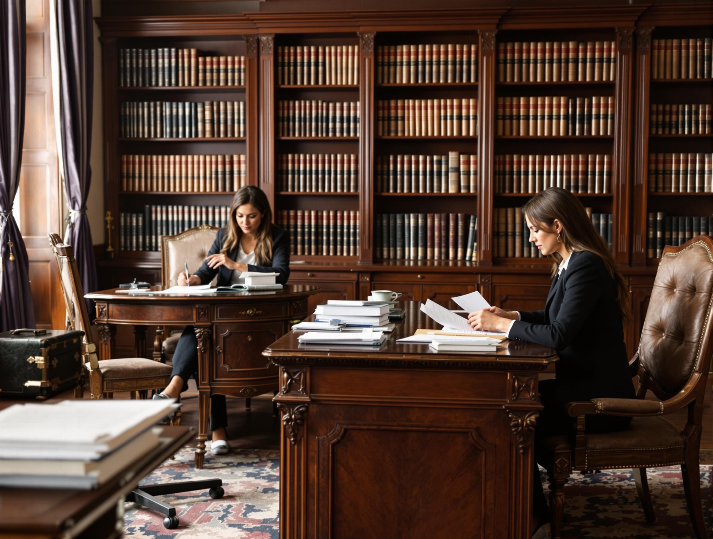 Paralegals sitting at elegant, old-fashioned wooden desks in a professional law office, working with documents, with a classic bookcase filled with legal books in the background.