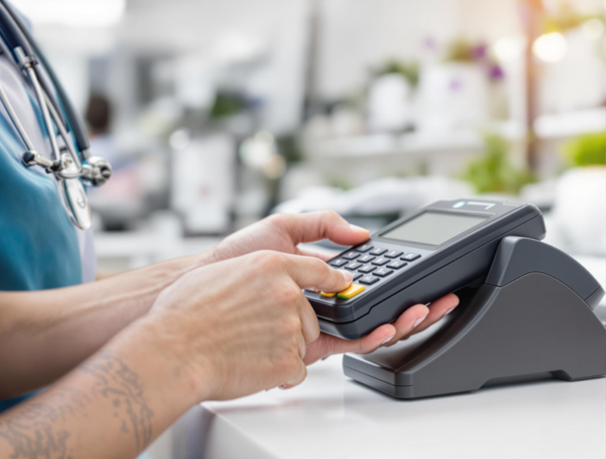 Close-up of a veterinarian’s hands processing a payment on a secure terminal in a veterinary clinic, symbolizing credit card compliance.