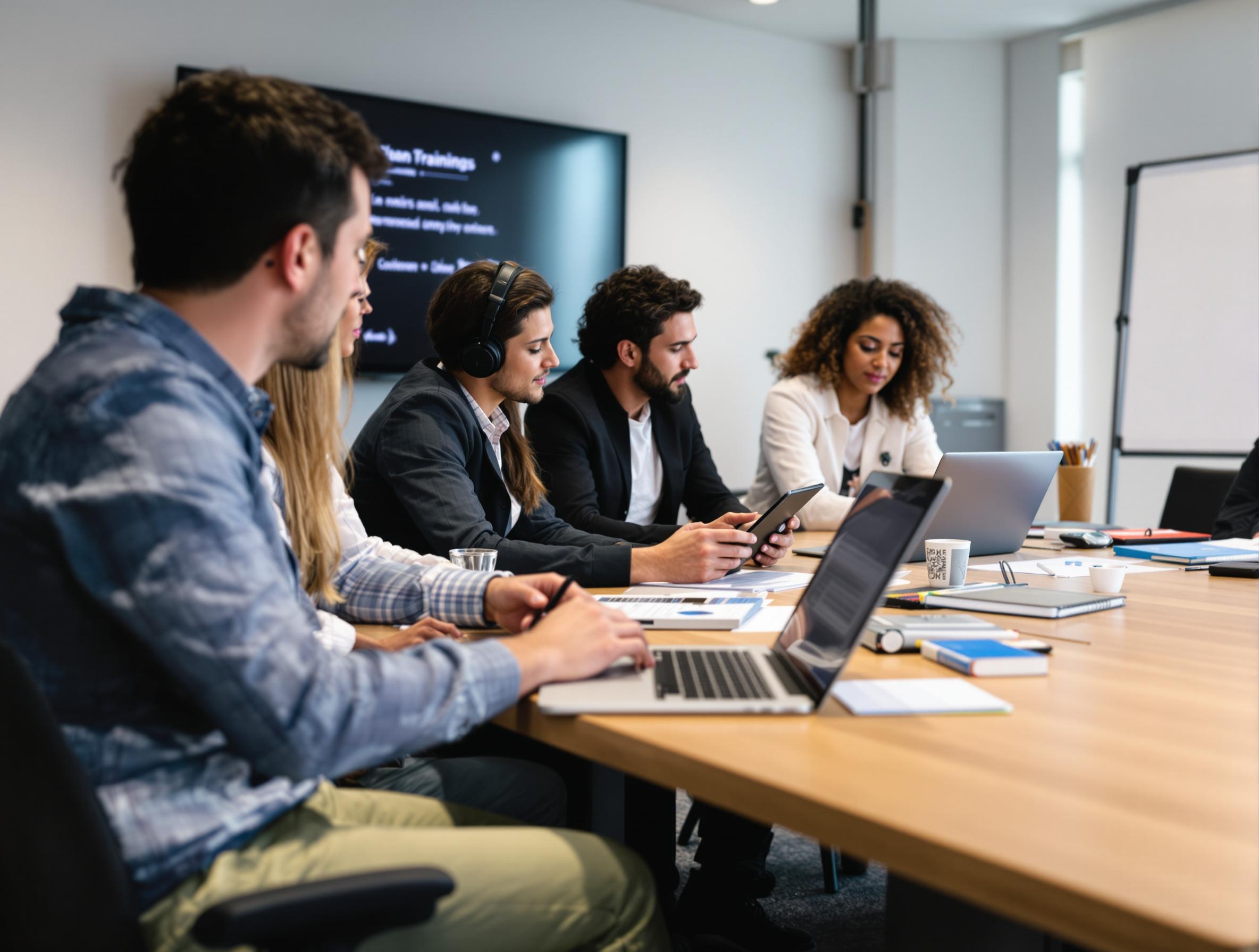A group of professionals in a modern conference room, engaging with digital training materials—laptops, tablets, or a digital whiteboard—no words.