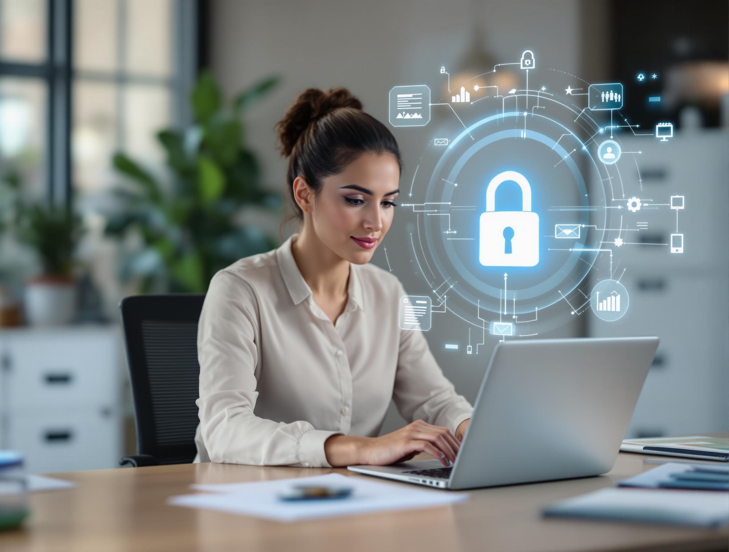 A modern workspace with a woman on a digital tablet with a lock icon hovering, no text—clean and professional.