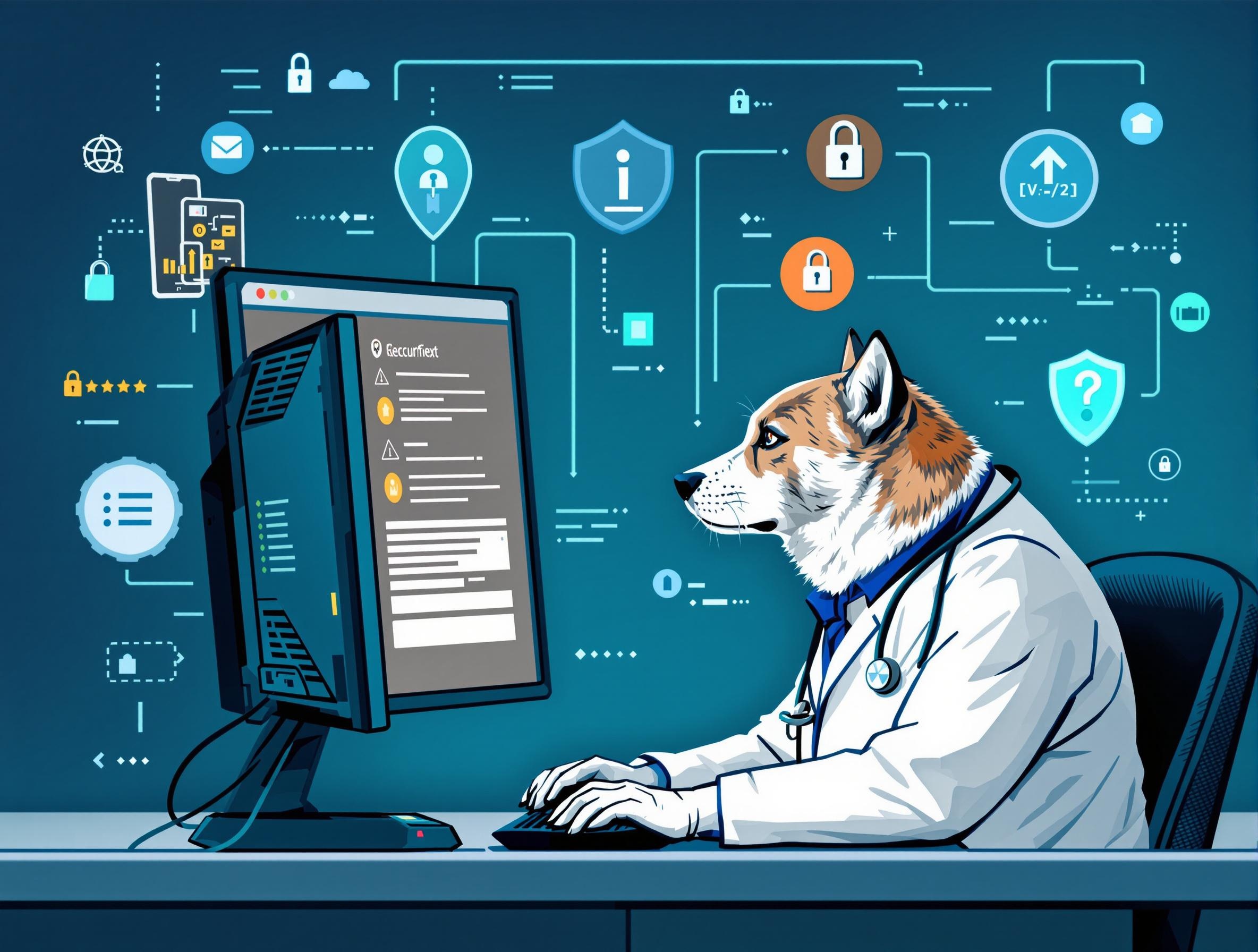 Veterinarian reviewing cybersecurity alerts on a computer, with digital security icons and servers in the background, representing cybersecurity in veterinary clinics.