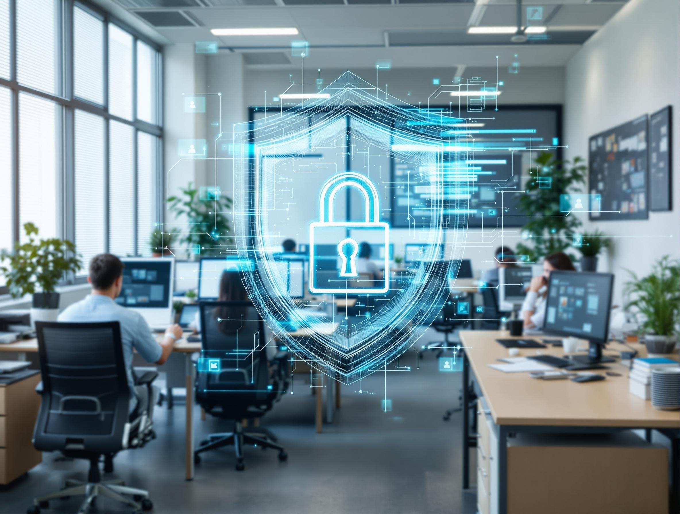 A small business office with a digital shield or lock overlay, showing a team working securely on computers—no text.