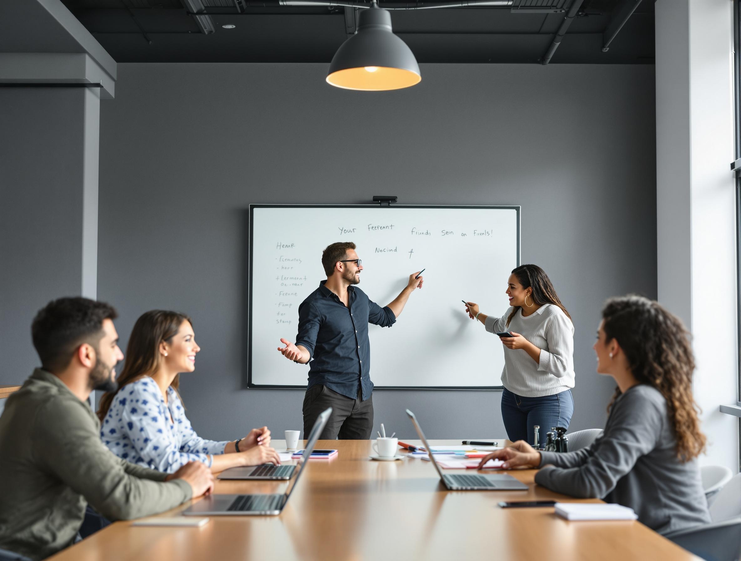 A diverse small business team in an interactive training session with laptops/tablets and a digital whiteboard, no text—friendly, collaborative vibe.