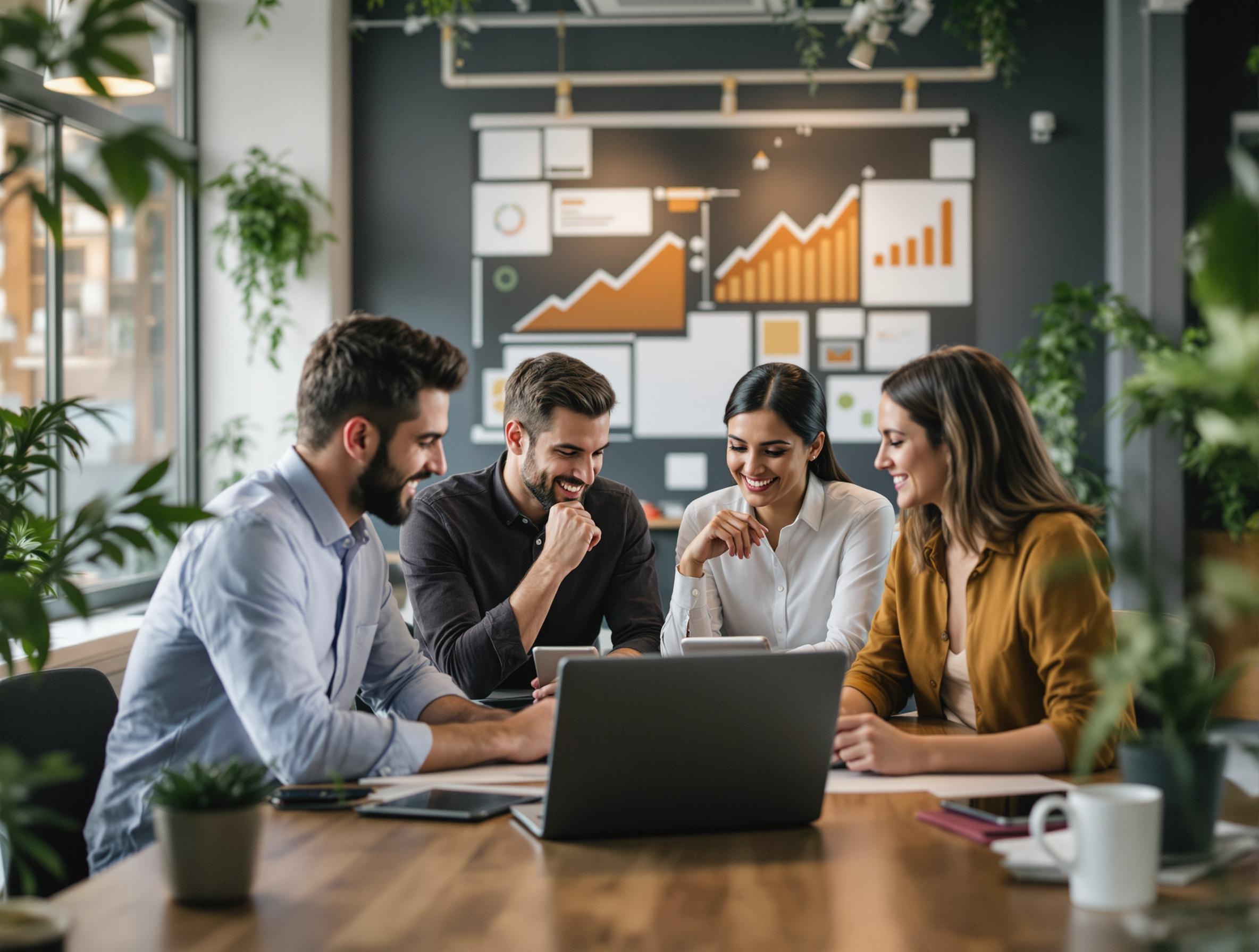 A small business team in a modern workspace, collaborating with laptops and tablets, surrounded by visual cues of growth like upward graphs or plants, no text.