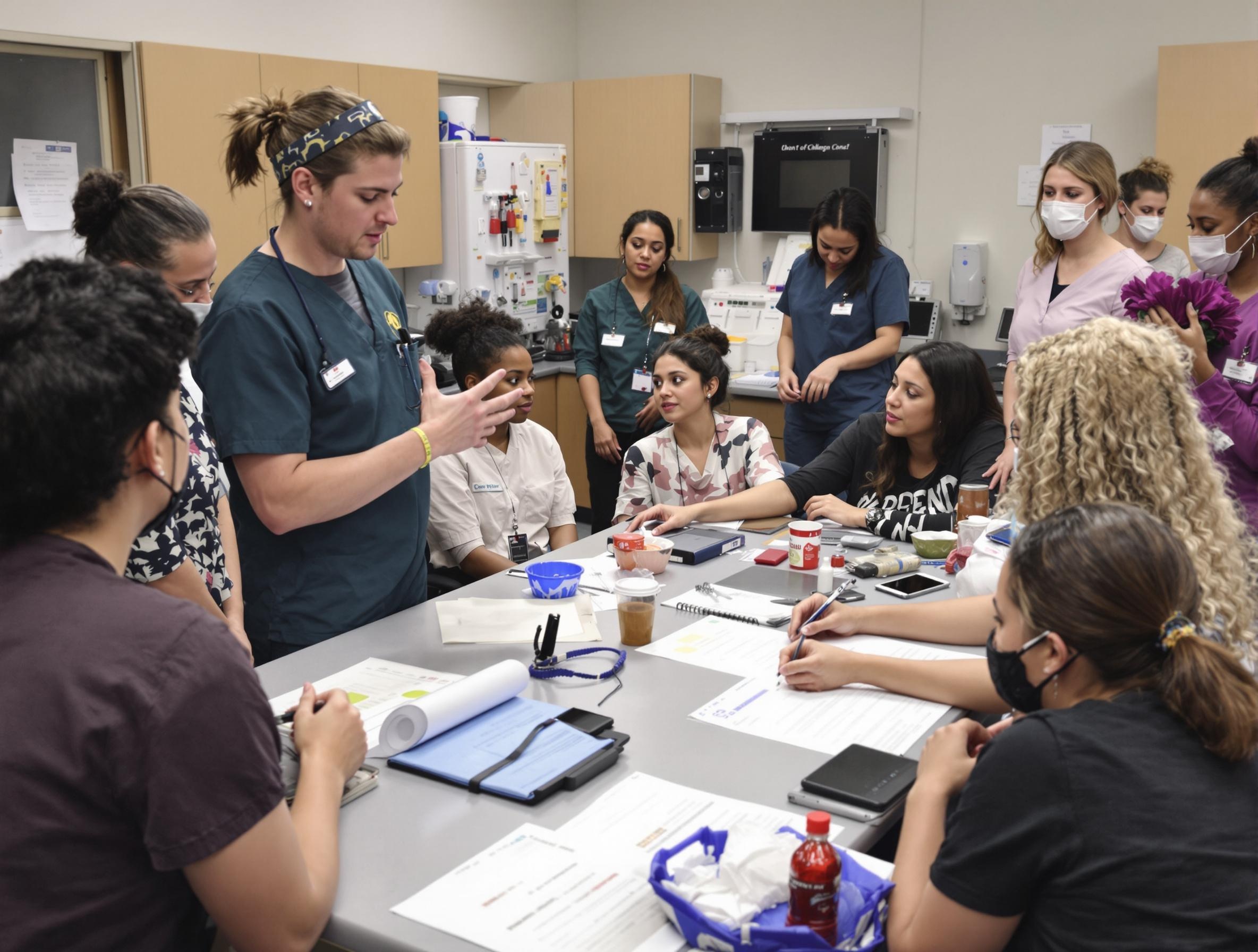 Veterinary clinic staff participating in a training session, with a trainer presenting and team members engaged, highlighting staff development.