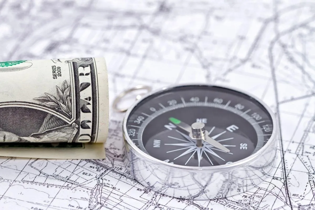 Map for forecasting, compass, and money