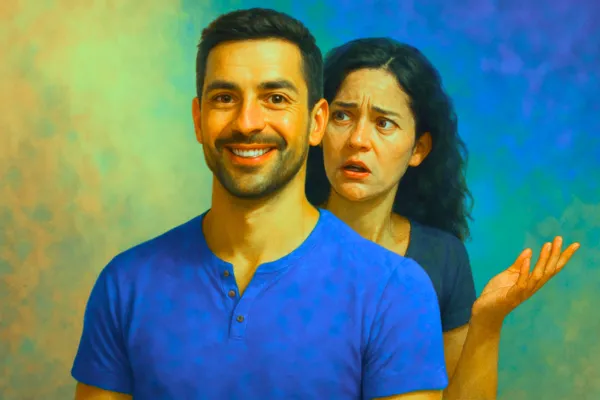 Confident man standing calmly in front of a confused woman, symbolizing self-trust and clarity despite outside judgment.