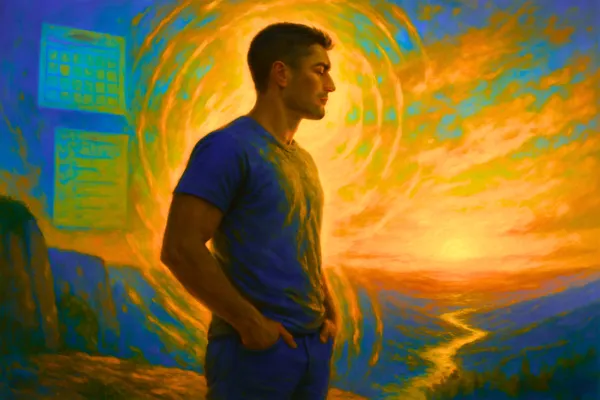 Painting of a man standing calmly at a cliff’s edge at sunset. His eyes are closed, hands in his pockets, surrounded by golden energy waves. Behind him, faded symbols of urgency—a calendar and checklist—hover gently, while the glowing horizon reflects inner stillness.