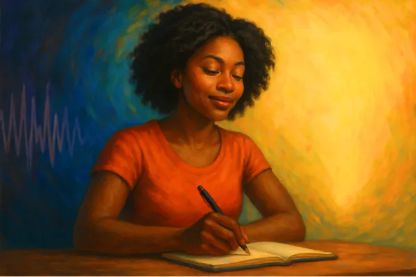 An African American woman sits peacefully before a glowing horizon, writing into a golden journal with calm focus. Soft light surrounds her as faded pages float behind her, symbolizing the past she's leaving behind. Her expression is serene, grounded in presence and self-authorship.
