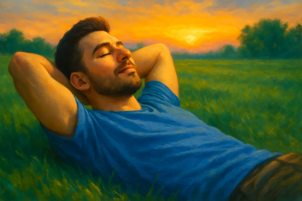 A man lies in a sunlit field, hands behind his head, fully at ease. His face is calm, his body unguarded. There’s no urgency—just presence. The light around him feels like permission to rest, without needing to earn it.